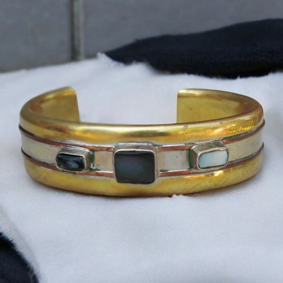 Vintage mixed metal labradorite,mother of pearl and onyx cuff bracelet - Picture 1 of 13